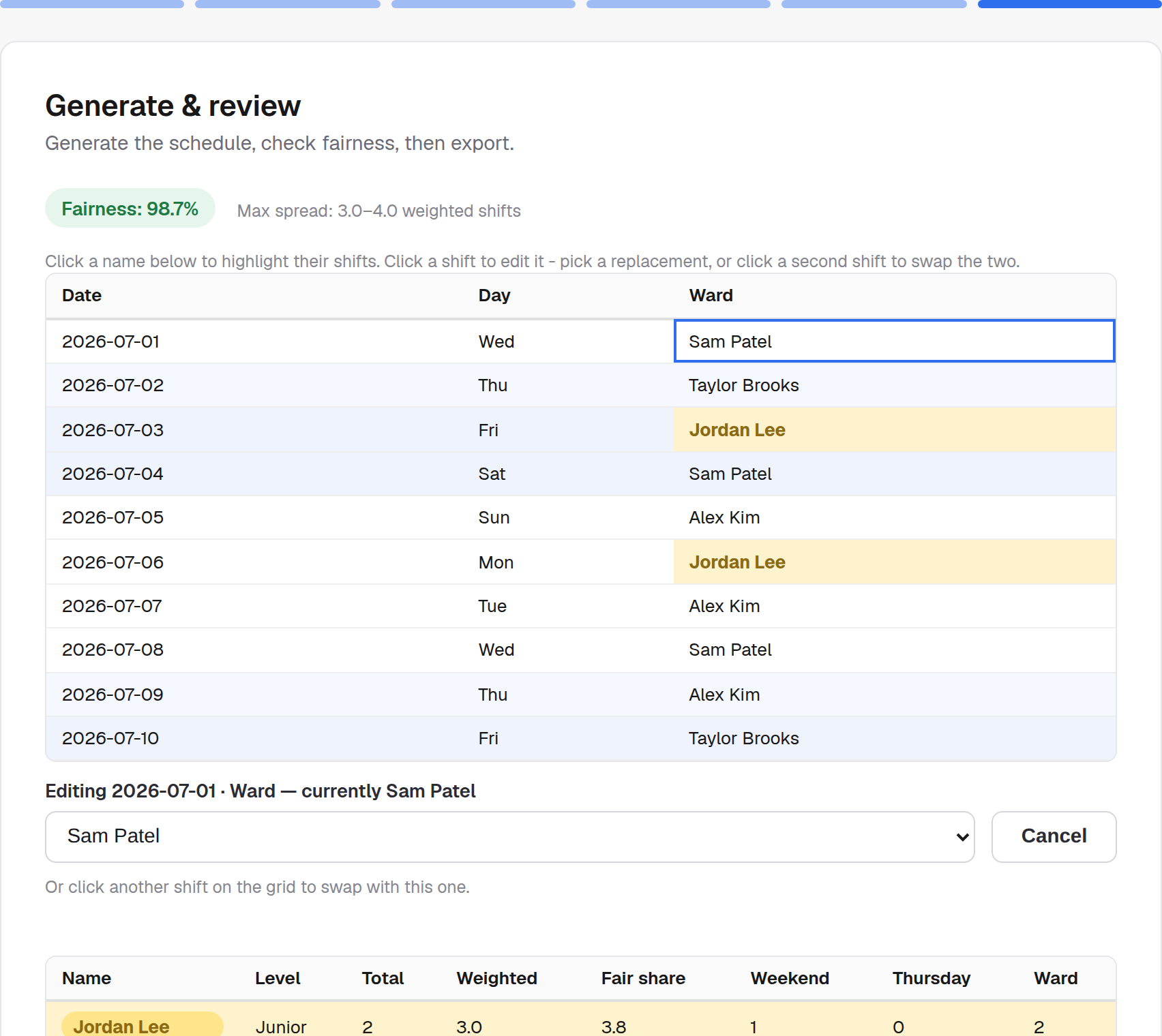 Highlighting a person's shifts and editing an assignment on the generated schedule